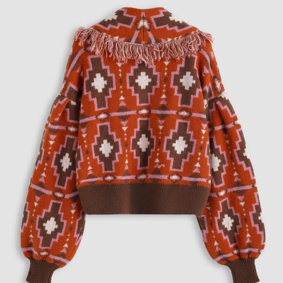 CIDER Boho Chunky Orange and Brown Oversized Sweater Button Down Fringe S - Picture 3 of 10